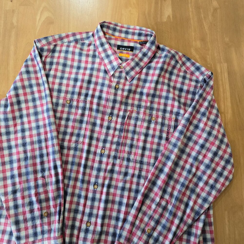 Orvis Active Fit‎ Men's Long Sleeve Button-Up Shirt Red Blue Tan Check Size XXL